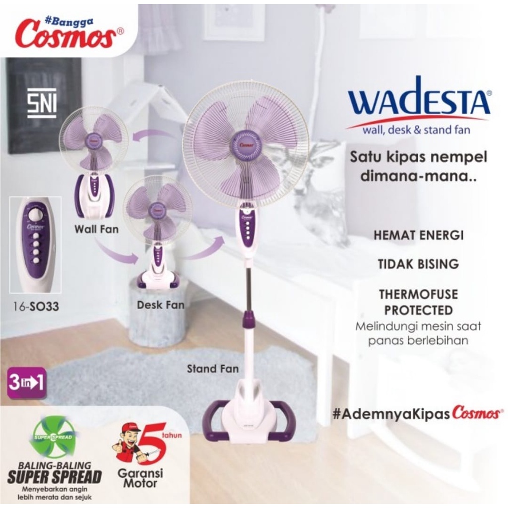 Kipas Angin Cosmos Wadesta 16 S033 3in1 Wall Desk Stand Cosmos SO33 Wall Fan Desk Fan Stand Fan Meja Berdiri Dinding Tembok