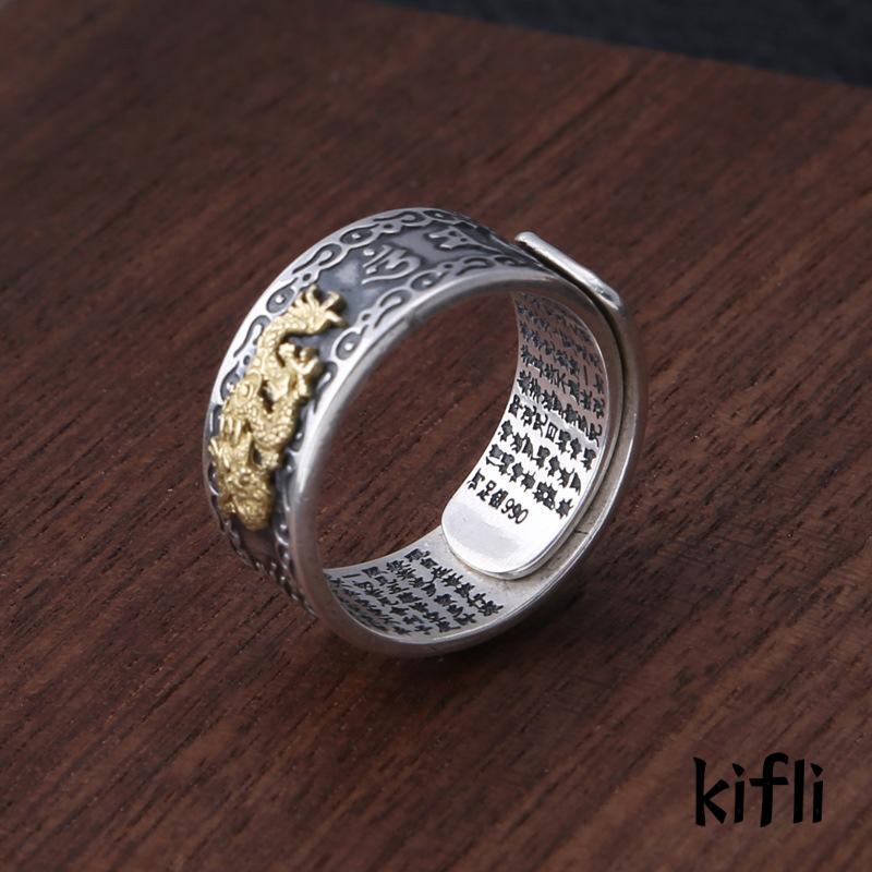 Cincin Model Terbuka Bahan Sterling Silver Desain Naga Terbang Gaya Trendy / Retro Untuk Pria (KD)