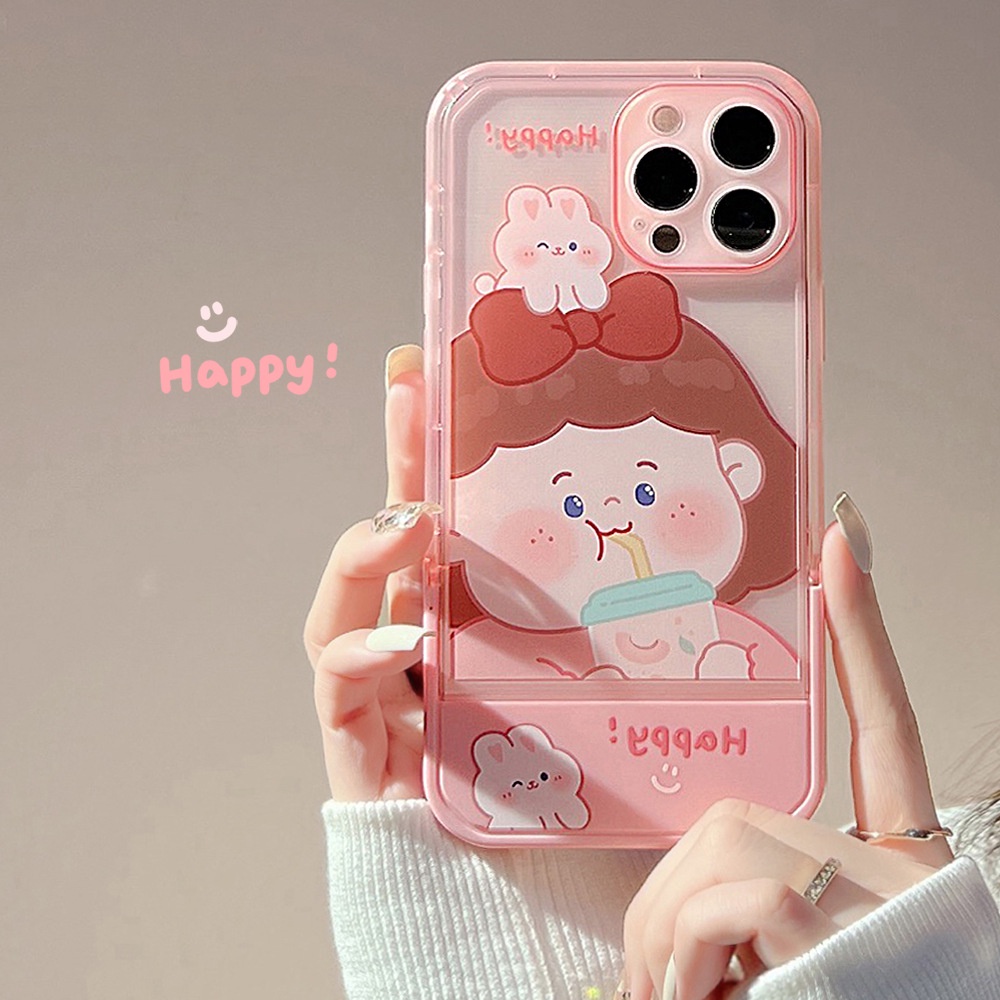 Case Pelindung Transparan Motif Gadis Pink Dengan Holder Untuk Iphone 11 8 7 Plus SE2 XS XR 12 13 PRO MAX