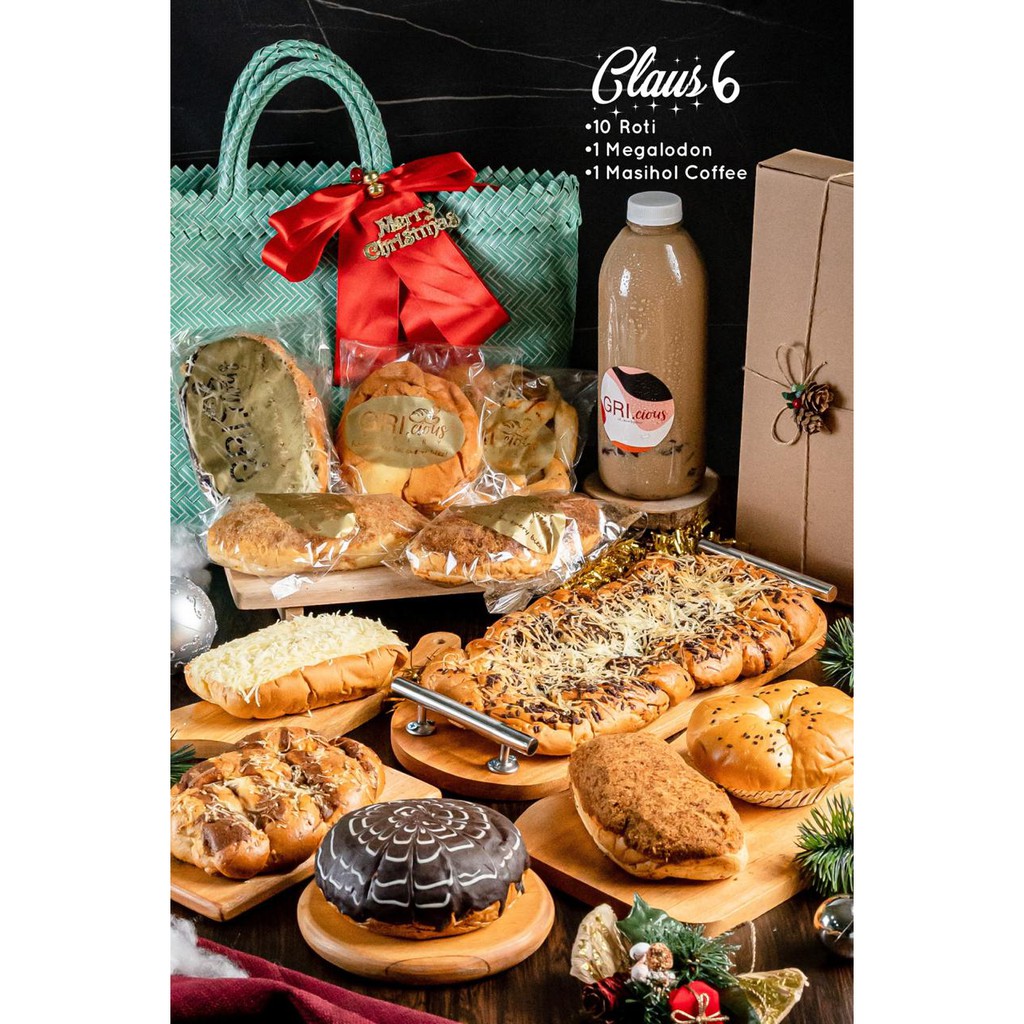 

Hampers Natal - Gricious Bakery - Claus 6 - Isi 10 Roti + 1 Megalodon + 1L Minuman Kopi