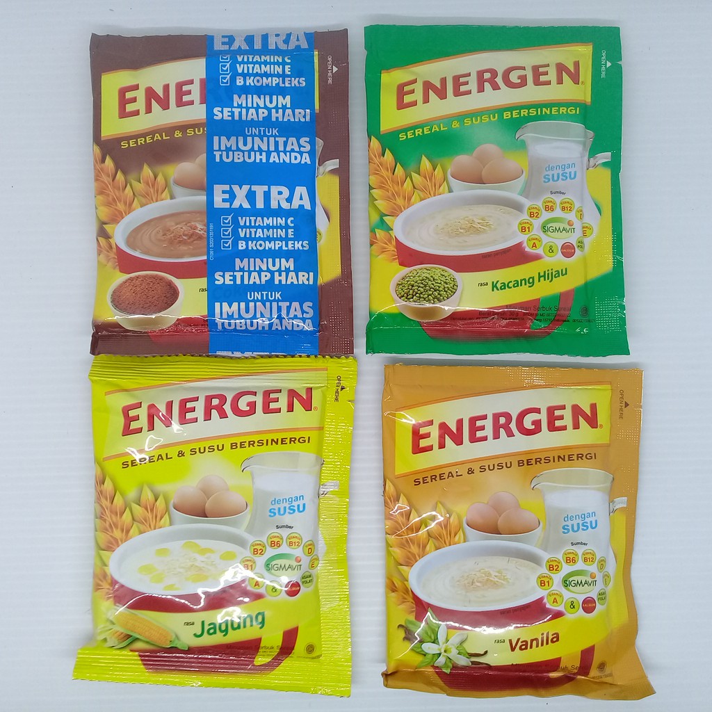 

Energen Sereal & Susu kemasan baru Berenergi Rasa Jagung / Vanila / Cokelat / Kacang Hijau