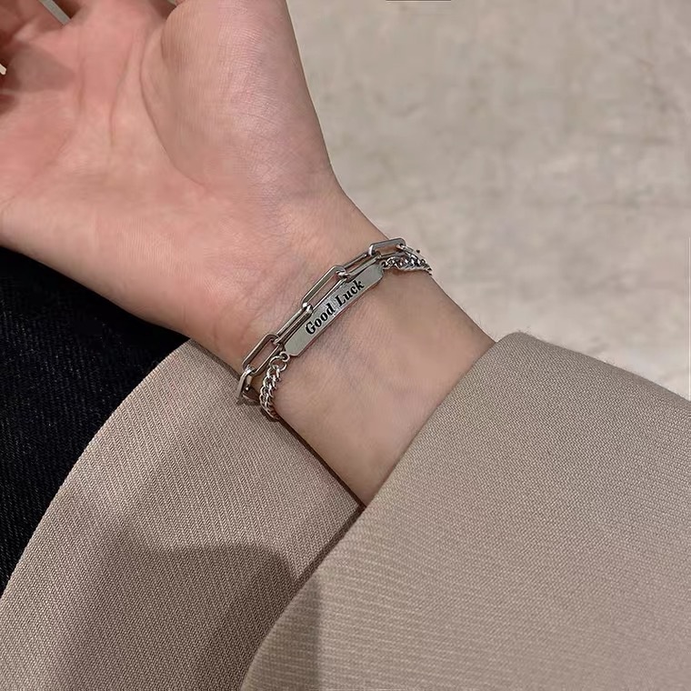 Jepang dan Korea ins double-layer titanium baja tidak memudar gelang pria dan wanita kepribadian hip