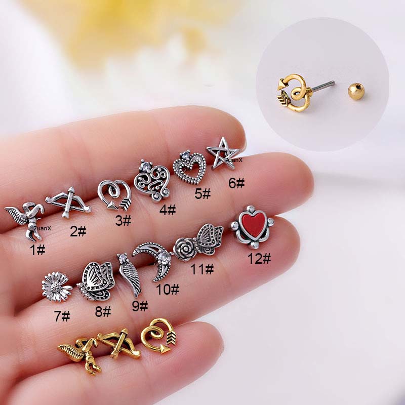 1pc Anting Tindik Bentuk Bunga Mawar Butterfly Bahan Stainless Steel Gaya Vintage