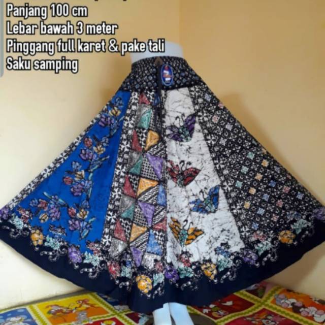 Jual rok batik tulis cap cantik panjang muslim hijab lilit payung lebar skirt kantor bunga kupu kupu