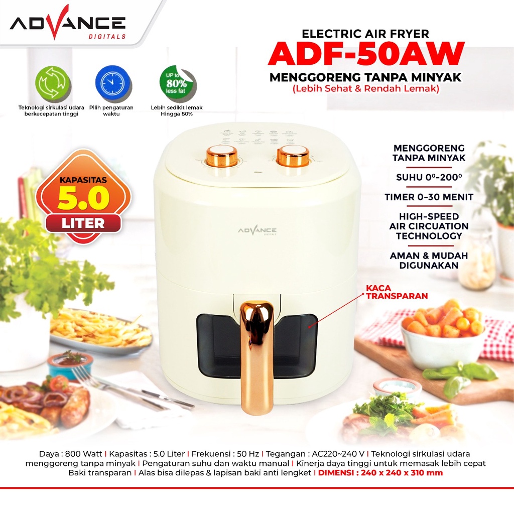 Advance Electric Air Fryer ADF-50AW Transparan Glass