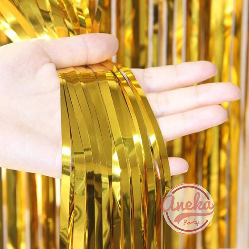 Tirai Foil Gold Backdrop Gold Foil Fringe Curtain Background Dekorasi Pesta Emas Shopee Indonesia