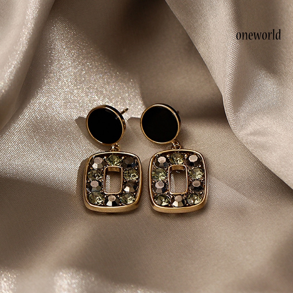 OW# 1 Pair Square Unique Drop Ear Stud Geometric-shaped Eye-catching Rhinestone Stud Earrings for Holiday