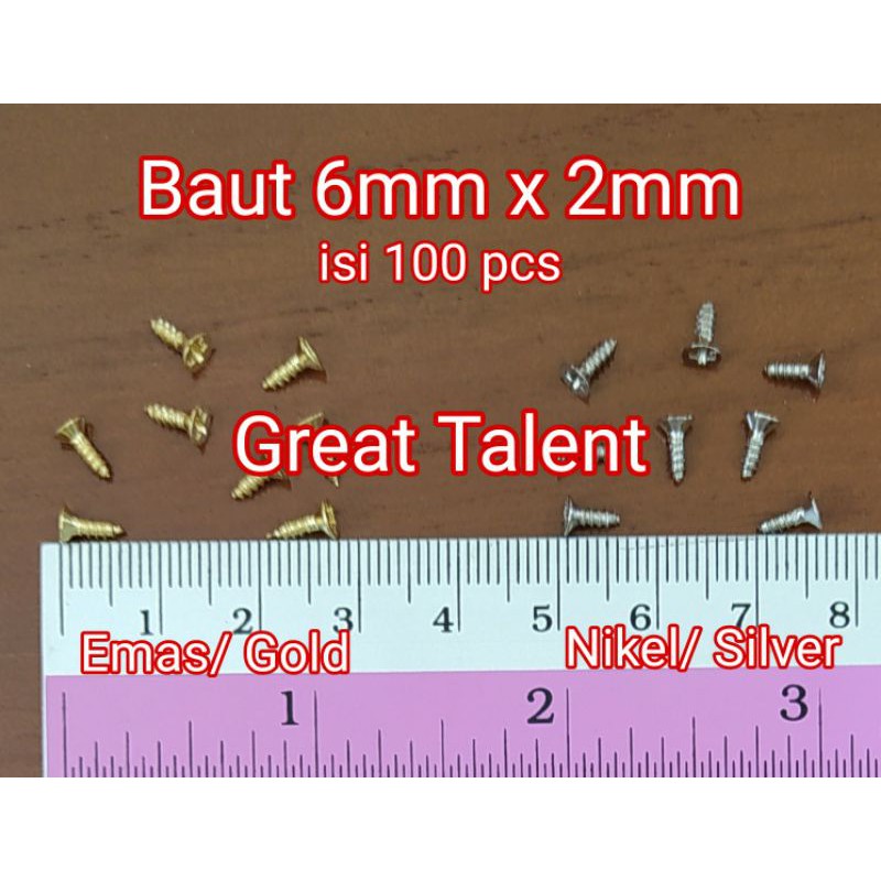 

100 pcs Baut 6x2 Emas Gold atau Nikel Silver - Baut Positif Panjang 6mm - Mur 6x2 - Great Talent