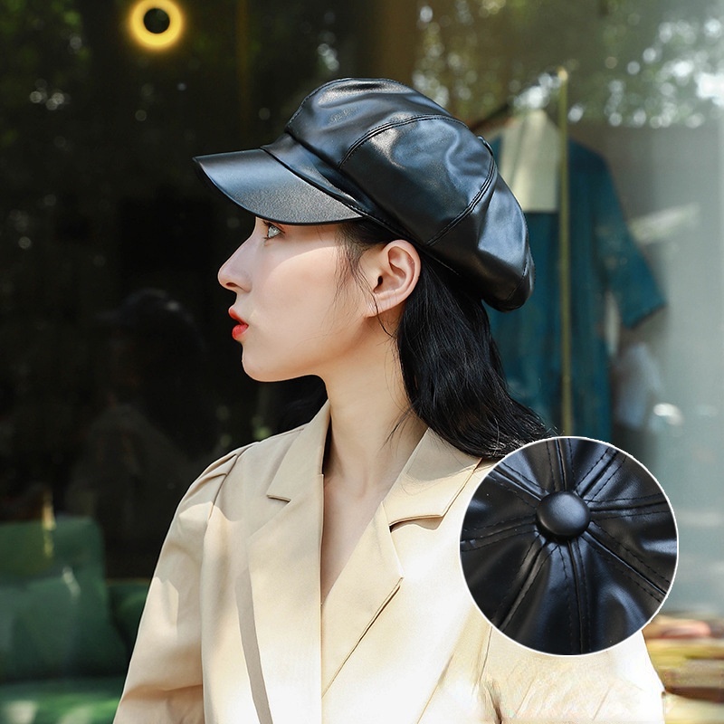 Qiu Dong Topi Baret Octagonal Bahan Kulit Pu Untuk Wanita