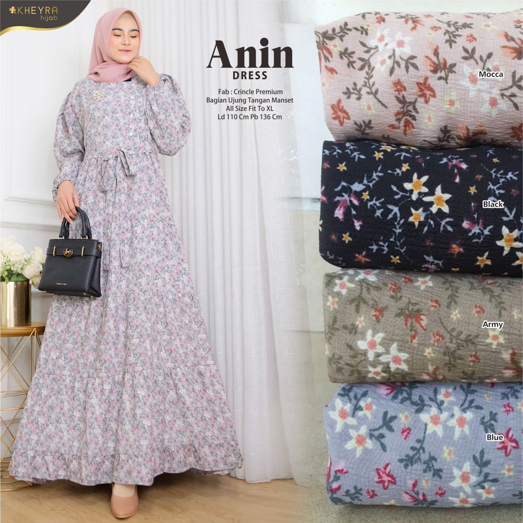 ANIN DRESS BERMOTIF BAHAN CRINKLE PREMIUM ORIGINAL KHEYRA