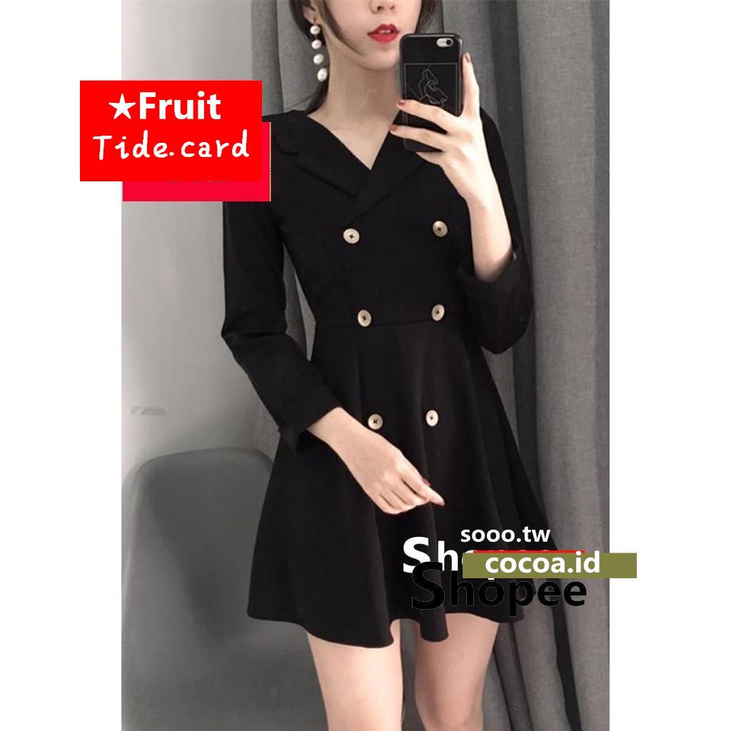 Dress Model V-Neck Lengan Panjang Kancing Dua Baris Warna Polos Gaya Retro Korea untuk Wanita