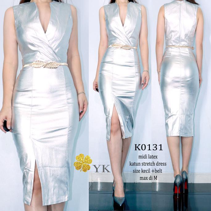 Super Ykmini 0131 Midi Dress Latex Full Printing Dress Silver Sale