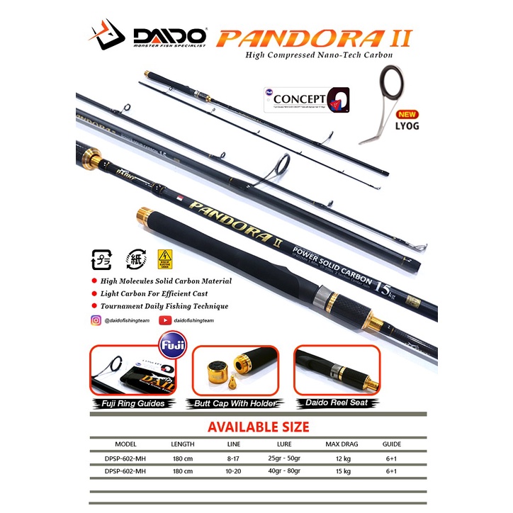 Joran Pancing Daido Pandora 2 II 165cm &amp; 180cm (12kg&amp;15kg) Full Fuji Carbon Solid Murah - Engkus Fishing