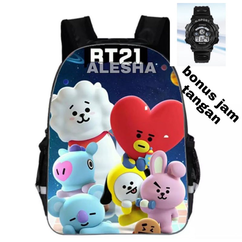 tas ransel karakter anak BTS dan BT21 bonus jam tangan