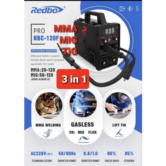 REDBO MESIN LAS 3 IN 1 - MMA MIG TIG – NBC 120 F