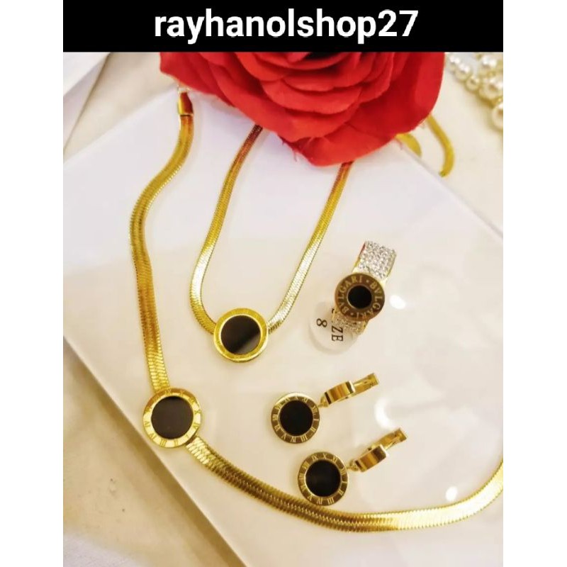 SET PERHIASAN TITANIUM GOLD LENGKAP MOTIF BATU HITAM ZIRCON LAPIS EMAS ANTI PUDAR