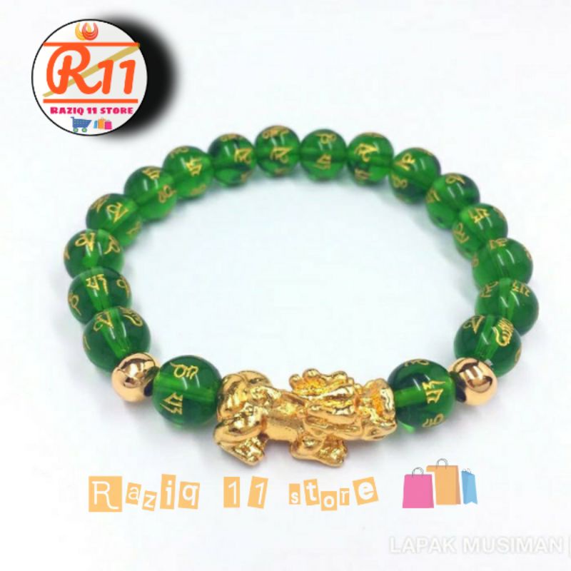 Gelang Batu Giok Asli Alam Warna Hijau  Mantra Budha Kombinasi Pixiu