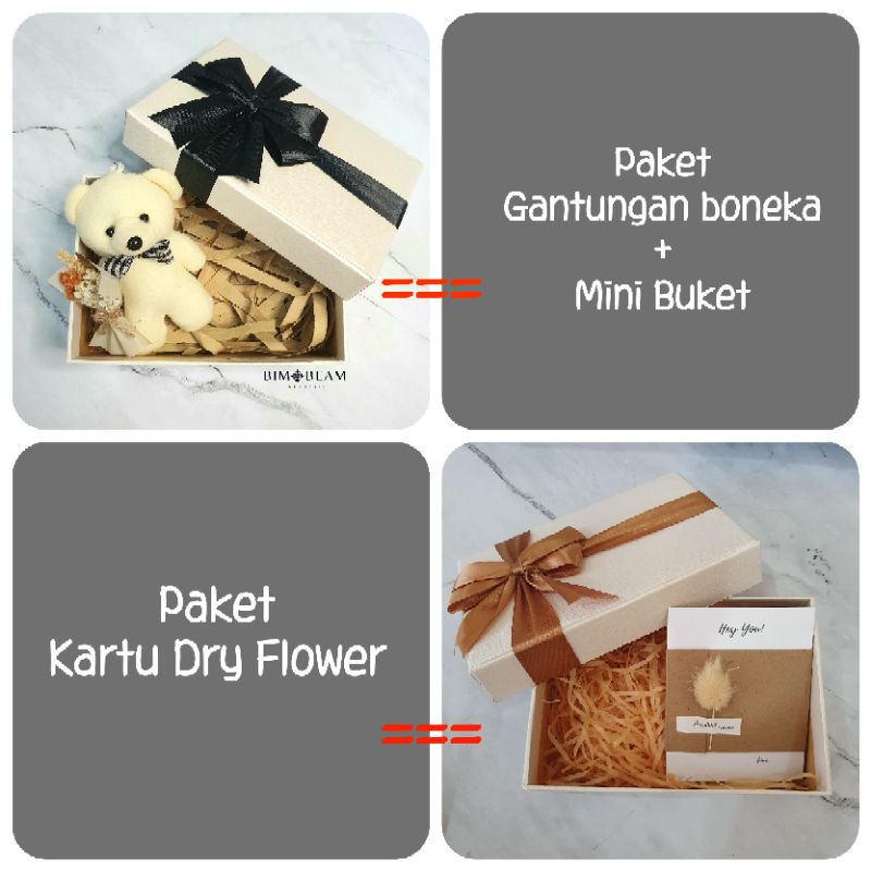 

Kotak Hard Box Hampers Gantungan Boneka Kartu Bunga Kering Berpita