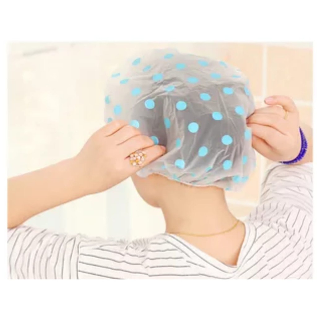 DBI - Shower Cap Tebal Penutup Rambut Anti Air Transparan Desain Polkadot untuk Kamar Mandi GRATIS ONGKIR COD