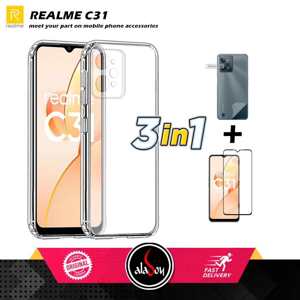 Casing Realme C31 New Case Ultrathin Premium  Softcase Clear HD + Tempered Glass Layar Full + Skin