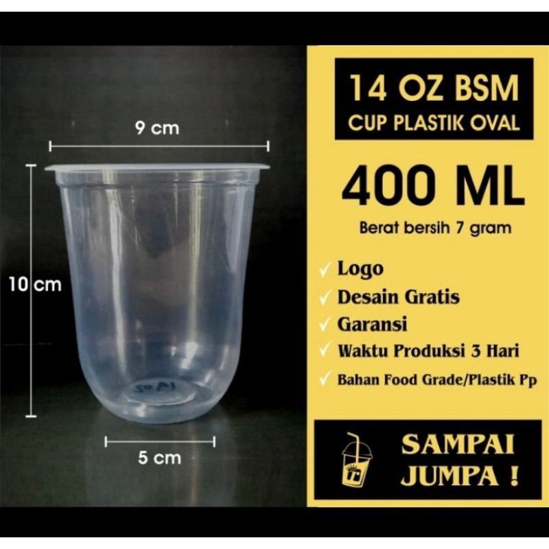GELAS CUP PLASTIK POLOS OVAL 14 OZ BSM 7GR TEBAL MURAH