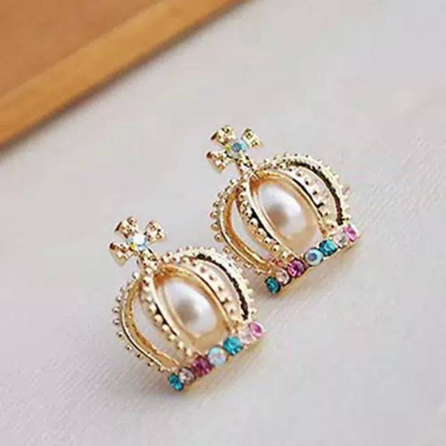 Anting mahkota mutiara permata warna warni korea anting stainless earings crown pearl WAWI