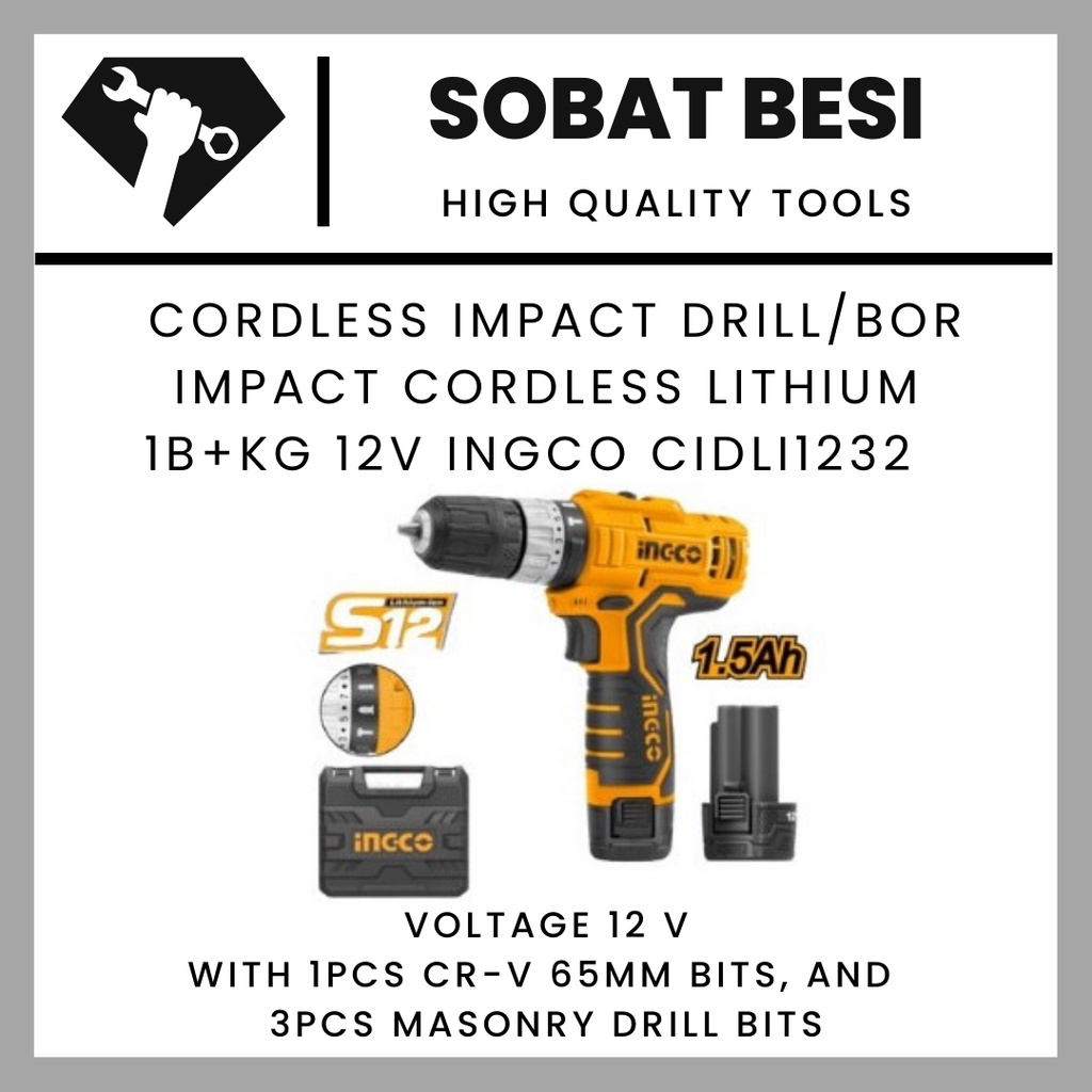 Mesin bor impact cordless lithium (1B+KG 12V) INGCO CIDLI1232