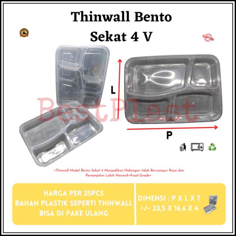 Thinwall Bento Sekat 4 / Tempat makan 4 sekat bahan plastik / Kotak Makan Sekat 4