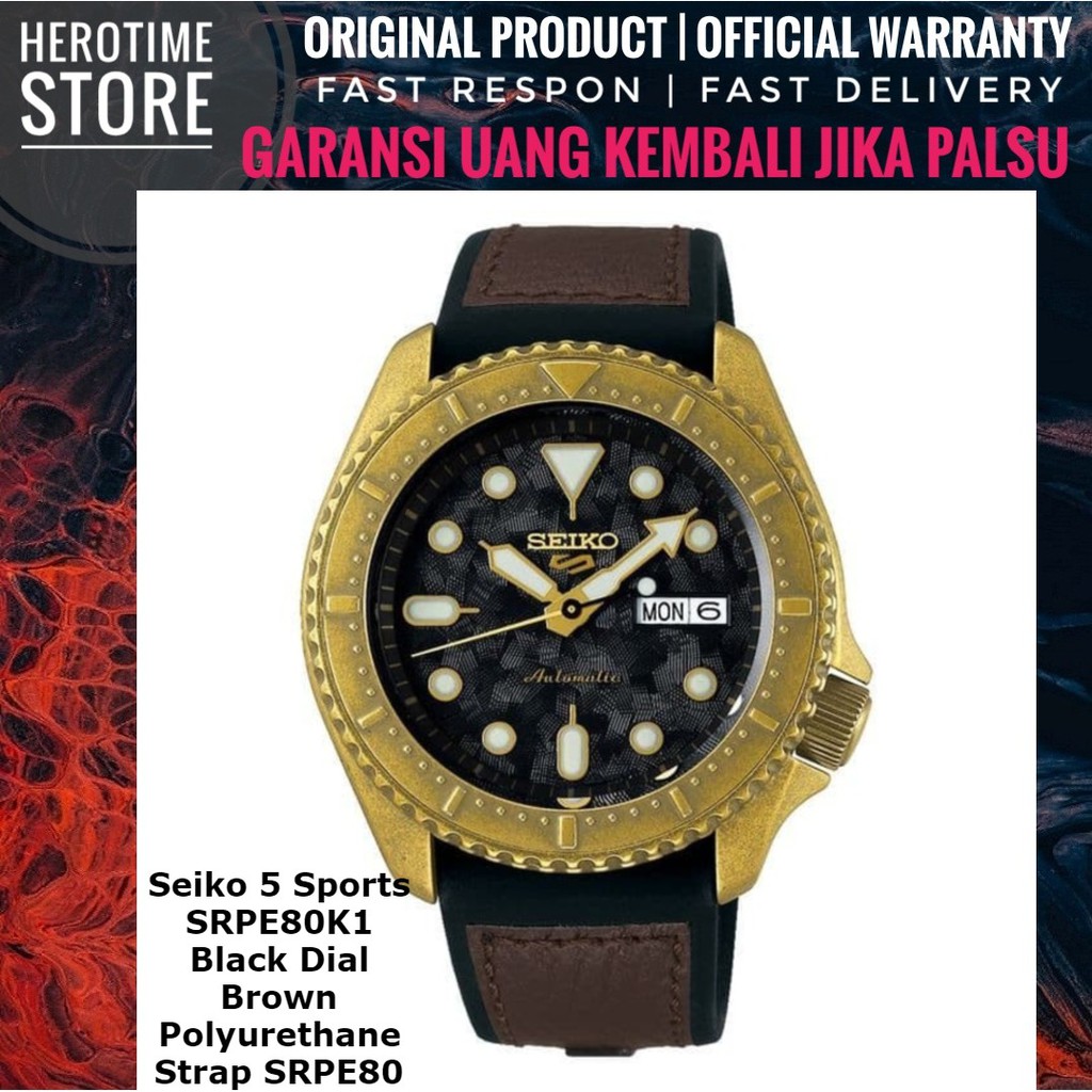 Jam Tangan Seiko 5 Sports SRPE80K1 Black Dial Brown Polyurethane Strap SRPE80 Garansi Resmi ORIGINAL