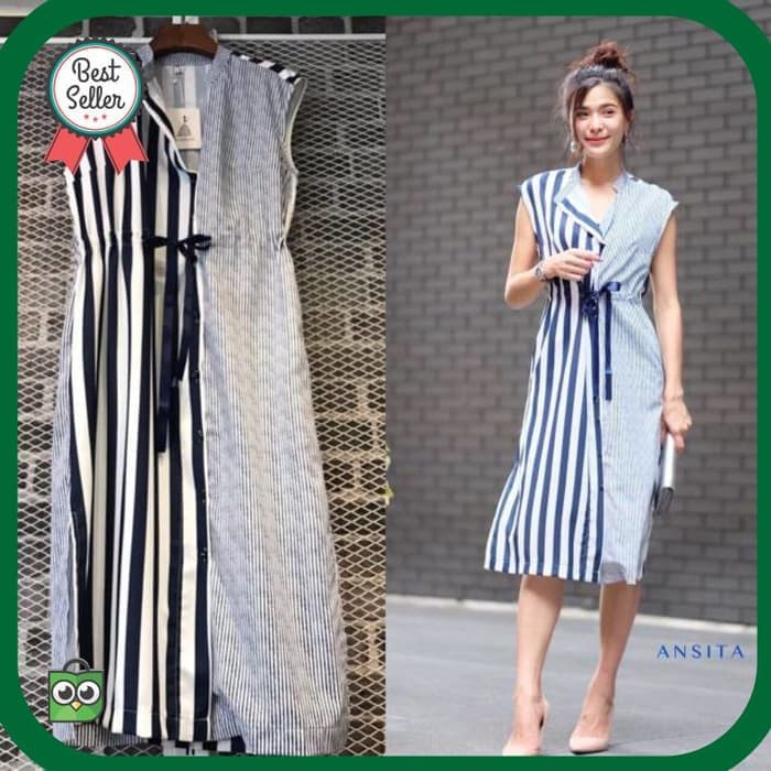 TBI Casual Midi Dress Ansita Terusan Salur Kombinasi