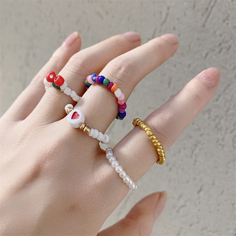 3pcs / Set Cincin Manik-Manik Mutiara Handmade Warna-Warni Untuk Wanita