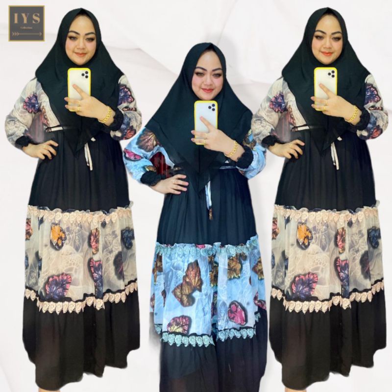 GAMIS CERUTY BABYDOLL SET KHIMAR CERUTI PREMIUM MOTIF DAUN BUNGA AGLONEMA KUPU-KUPU IYS COLLECTION