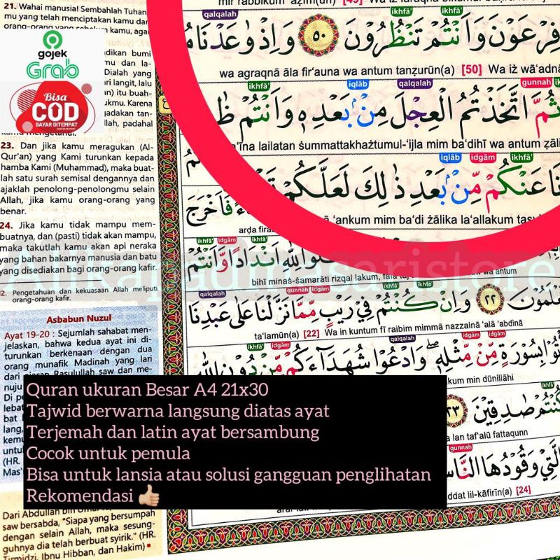 AlQuran Tajwid Latin Berwarna Diatas Ayat Bersambung Terjemah Besar A4 Pemula Buku Agama Islam Musli