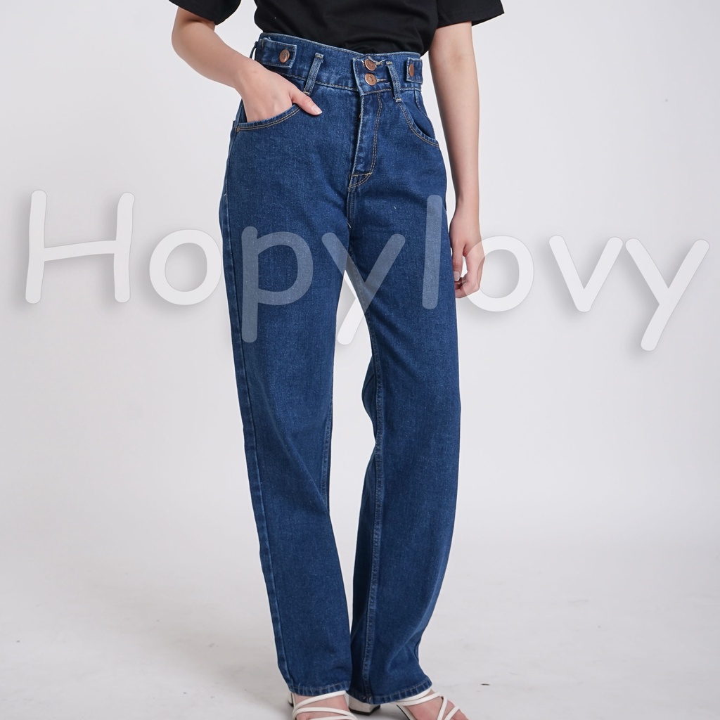 HOPYLOVY Celana High Waist Jeans | Celana Boyfriend Jeans | Celana Panjang Wanita Jeans Boyfriend Double Button BF Harvey