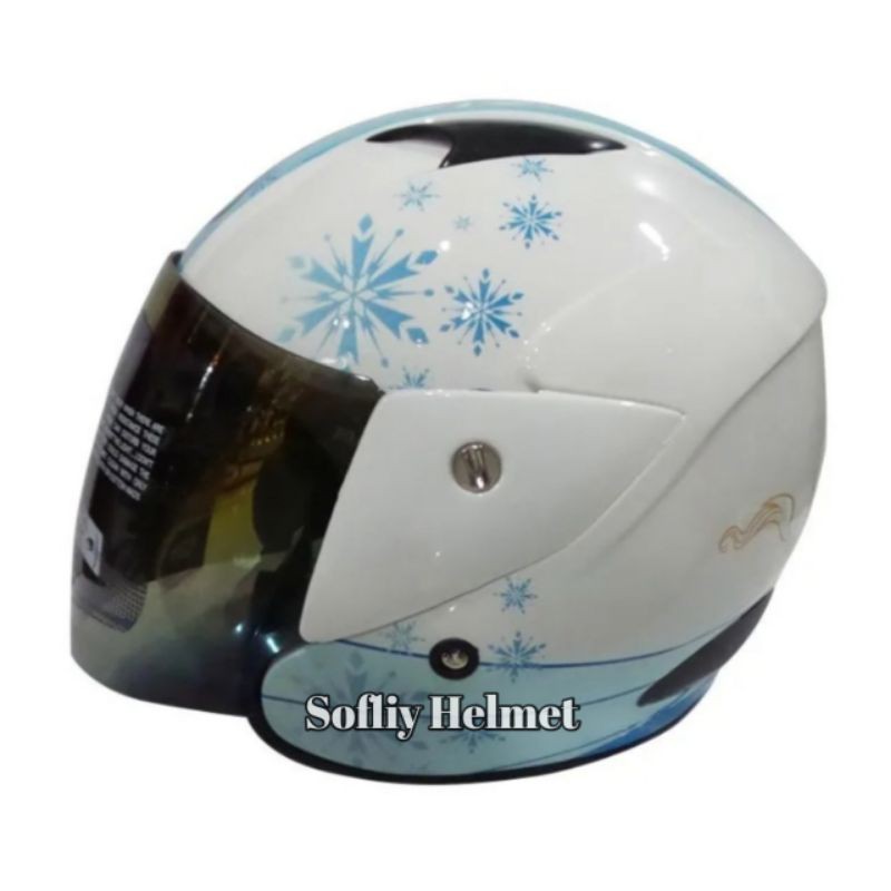 HELM ANAK SNI MDS SPORT R3 CARTOON FROZEN SISTER QUEEN WHITE BLUE HALF FACE