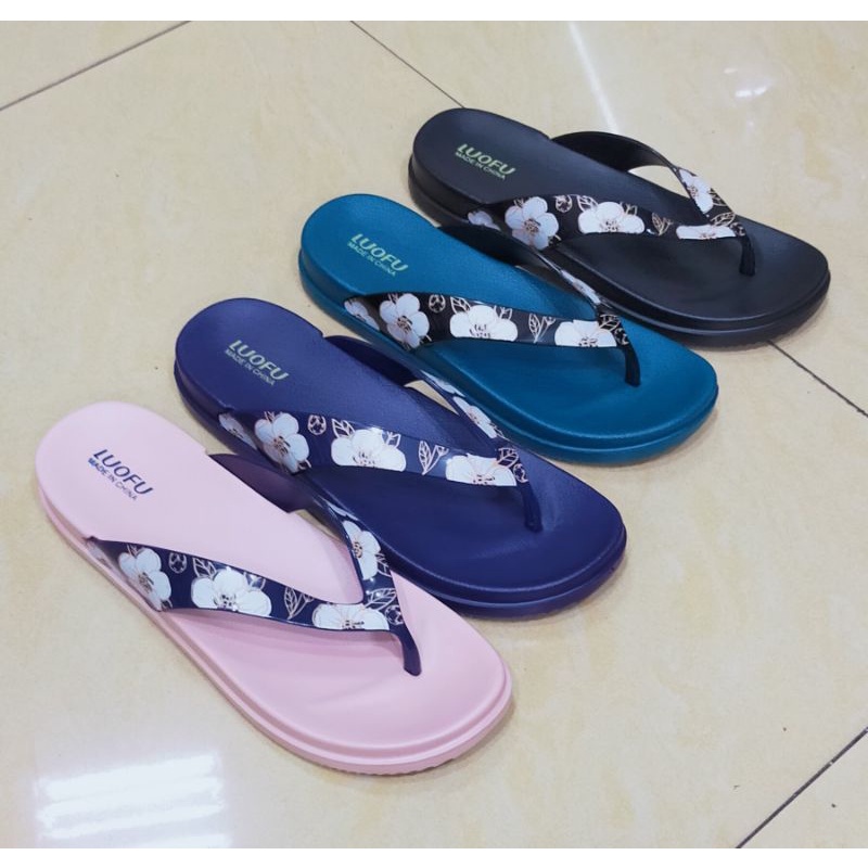SANDAL KARET CEWEK LUOFU MODEL JAPIT MOTIF BUNGA  E7164