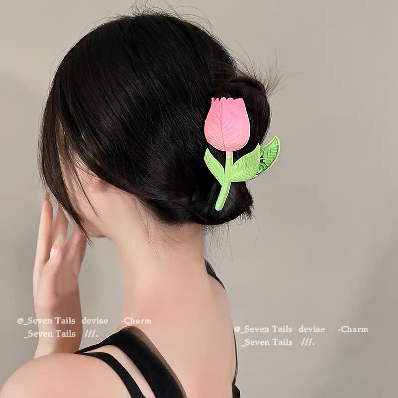 Jepit Rambut Bentuk Bunga Tulip Warna Pink Bahan Alloy Untuk Wanita