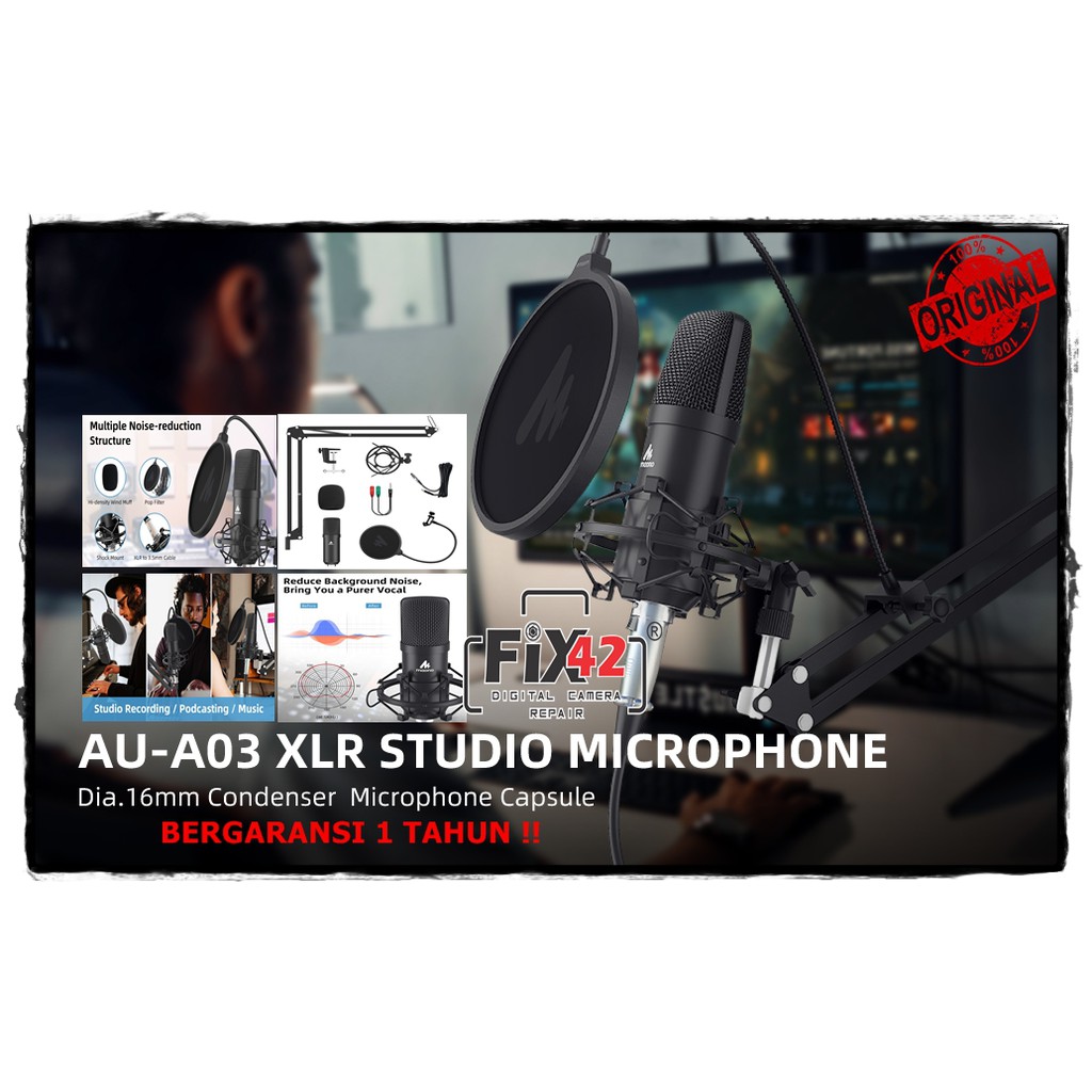 Jual Maono AUA03 Condenser Microphone Kit Podcast Mic with Boom Arm