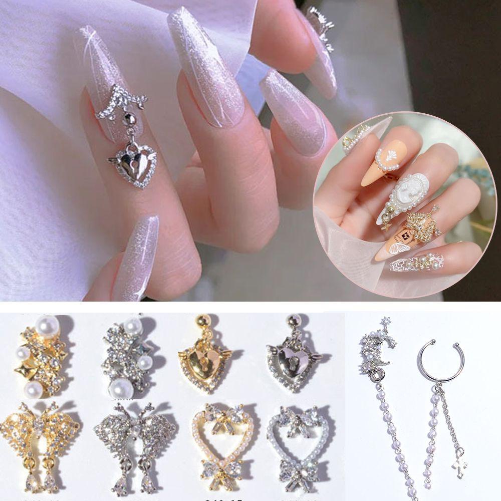 Mxbeauty Busur Kuku Berlian Imitasi 3D Logam Jantung Kupu-Kupu Busur Kristal Alloy Liontin Rantai