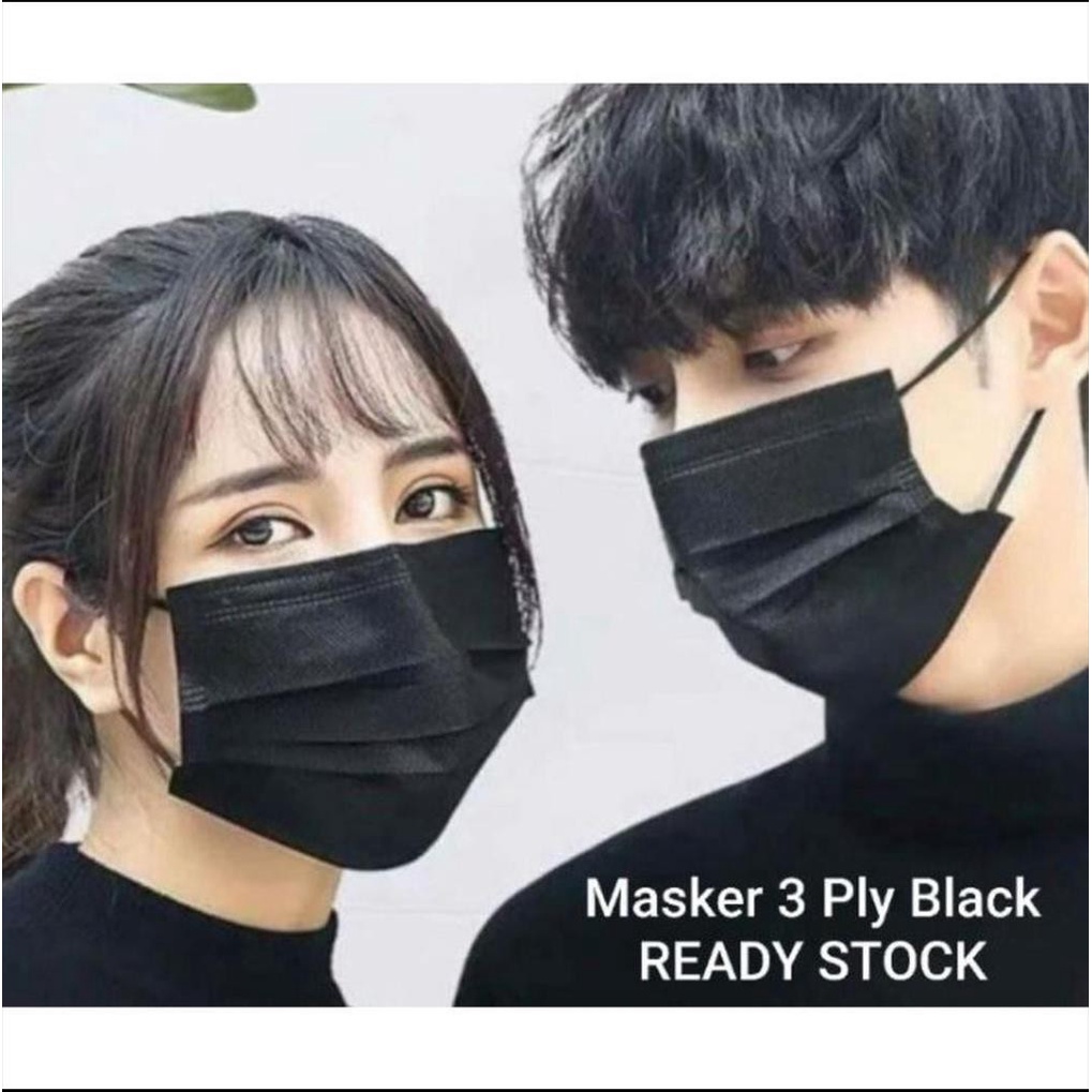 MASKER HITAM 3PLY EARLOOP MASKER 3 PLY HITAM ISI 50PC TANPA BOX
