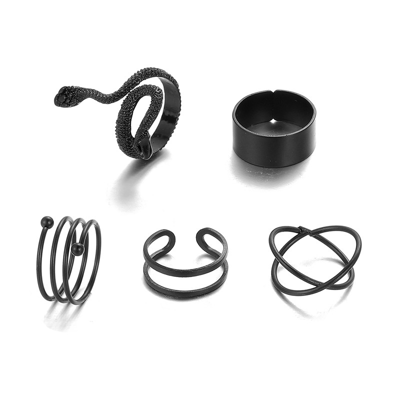 YEEZII 5pcs / Set Cincin Model Ular Warna Hitam Untuk Wanita