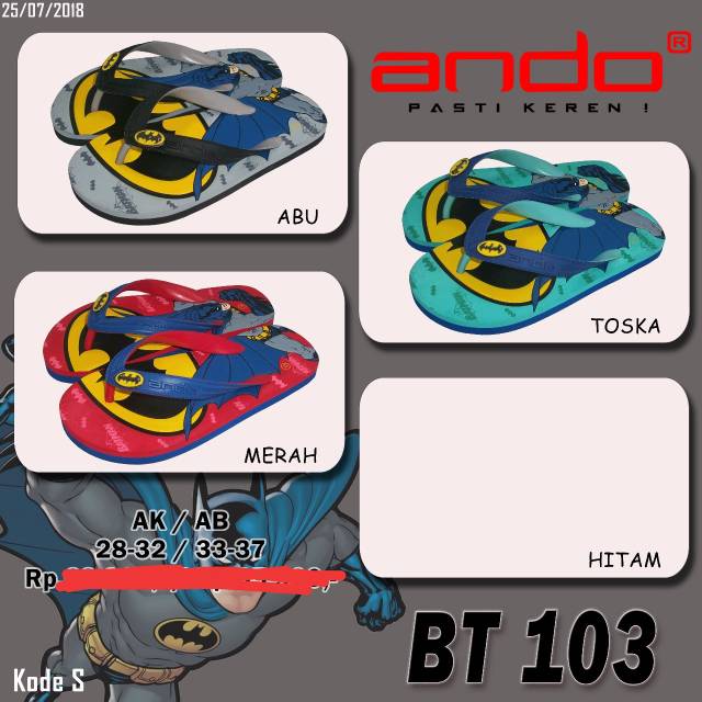 Sandal ando anak karakter batman dan superman - sandal jepit ando anak ( 33 - 37 )