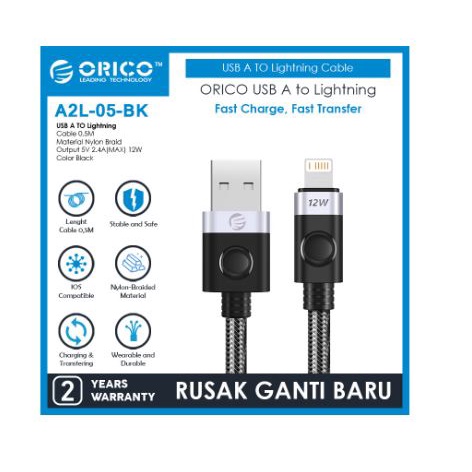 Cable charger Usb A to lightning orico 0.5m 50cm 12w 2.4A 480Mbps fast charging aluminum braided A2L-05 - Kabel data iphone ipad 0.5 meter