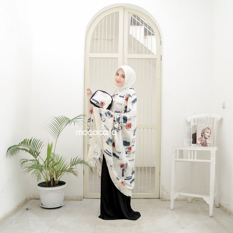 Mukena Dewasa Jumbo 2 in 1 Kayana Motif Bahan Rayon Premium Jatuh Adem Ponco Pouch Tas Sleting Cream