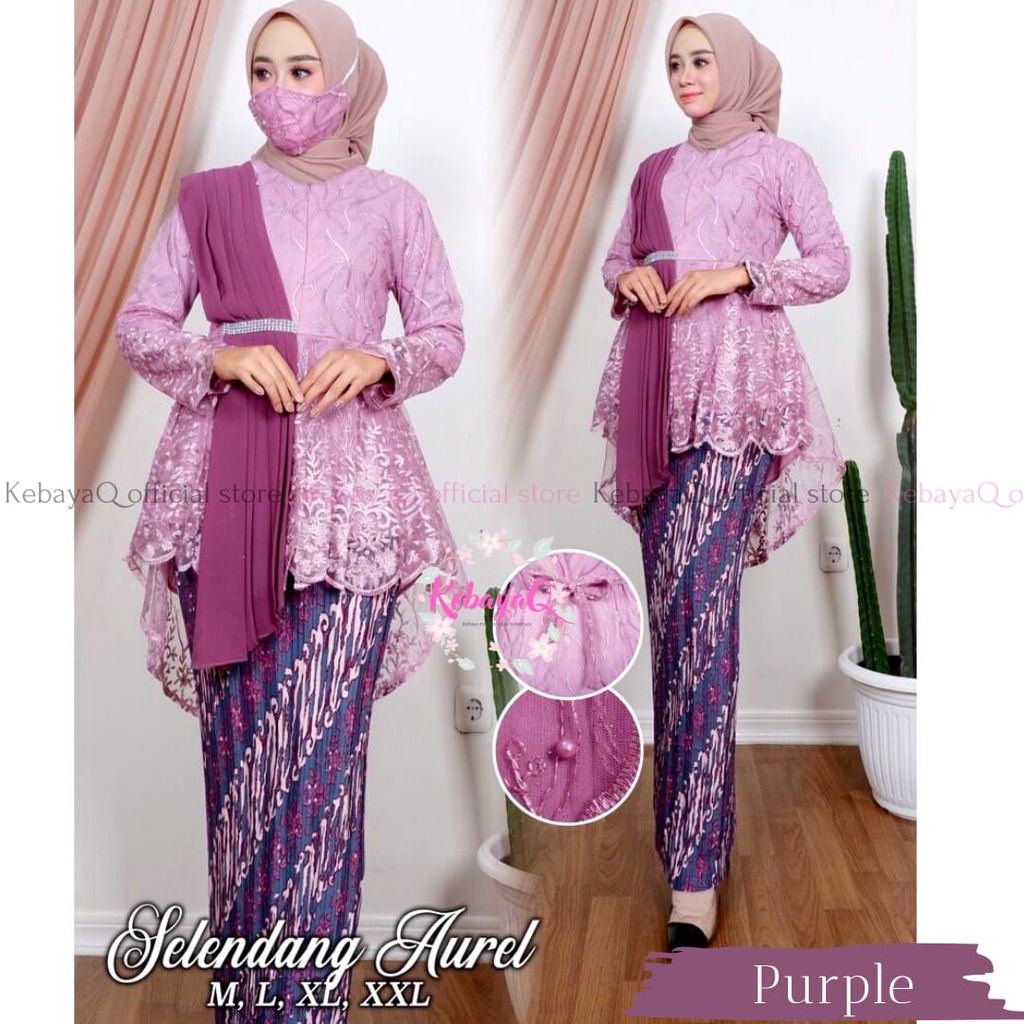 KQ> KEBAYA MODERN AUREL SELENDANG CERUTY-1 SET PURPLE