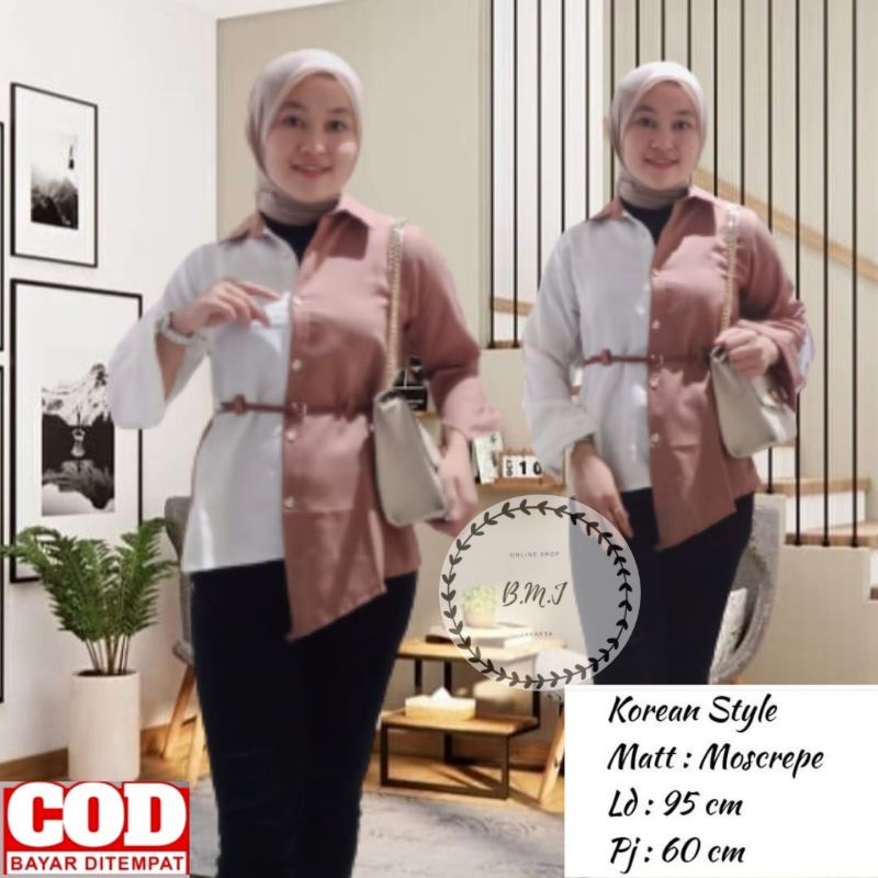 Kemeja Wanita Atasan Blouse Casual Polos Kombinasi Warna Motif Korean style Fashion Muslim 018-3