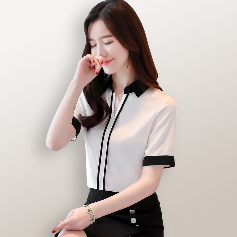 Blus lengan pendek wanita Gaya Korea variasi krah kemeja - XSHOP Renatta SS