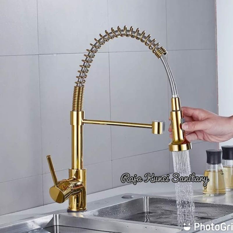 Kran Sink Mixer Tarik Gold/Kran Cuci Piring Full Gold/Kran Mixer Panas Dingin Kuningan Gold