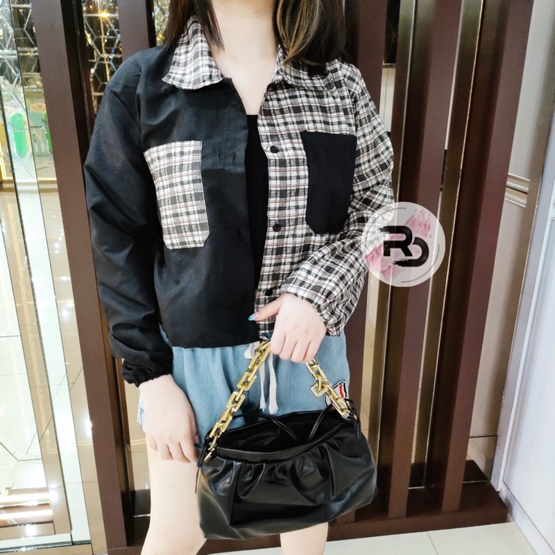 RD FASHION Mika Crop Top / KEMEJA CROP / kemeja TWO TONE / TARTAN KEMEJA CROP / TARTAN CROP-NARA HITAM