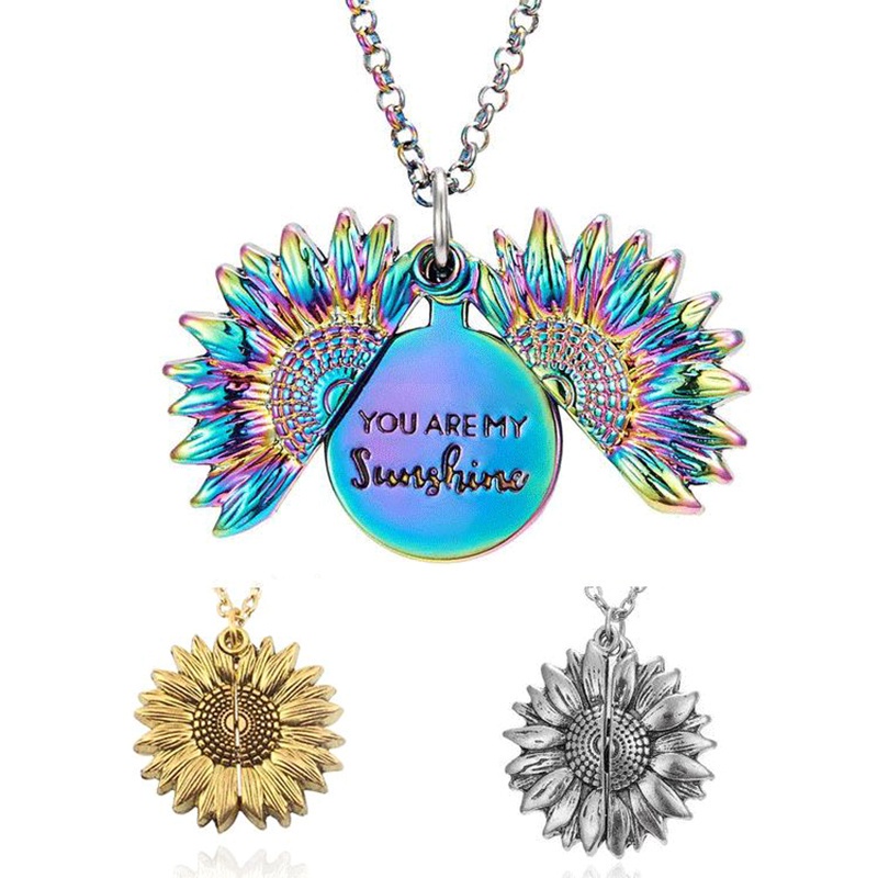 【Ready Stock】Vintage Women Gold Silver Rose Gold Pendant Lover Couple Necklaces You Are My Sunshine Open Locket Sunflower Long Necklace
